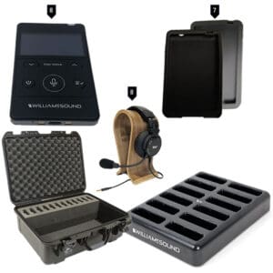 Audio equipment set with headphones and cases.