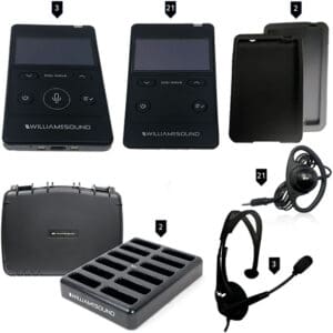 Audio equipment set with headsets and chargers.