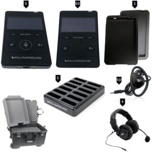 Audio equipment set with headphones and chargers.