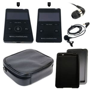 Audio communication devices with accessories and case.