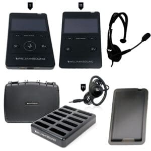 Audio equipment set with devices and accessories.