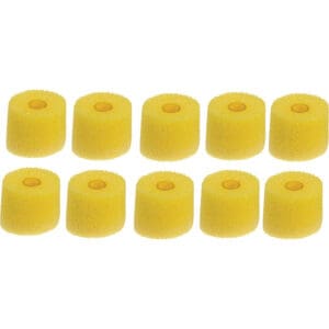 Ten yellow foam earbud tips arranged neatly.