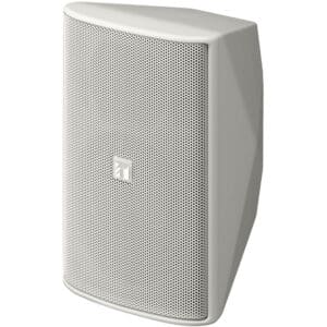 White wall-mounted speaker with metal grille.