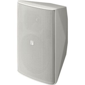 White wall-mounted speaker with mesh cover.