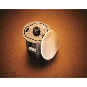In-ceiling speaker with round grille cover.