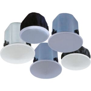 Five ceiling-mounted round white speakers.