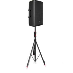Black speaker on a tripod stand.