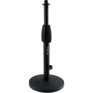 Black microphone stand with round base.