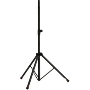 Black adjustable tripod stand on white background.