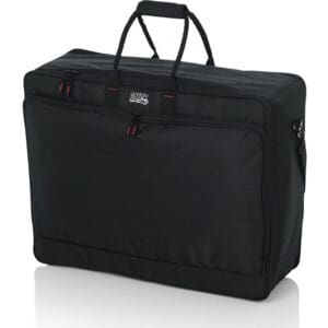 Black garment bag with handles and zippers.