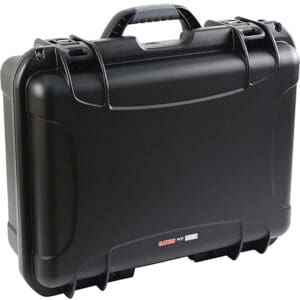 Black hard-shell protective carrying case.