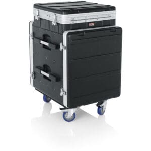 Black rolling case with silver latches.