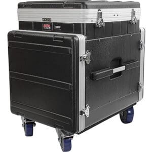 Black wheeled transport case with latches.
