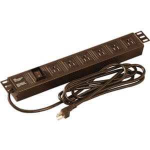 Black power strip with multiple outlets.