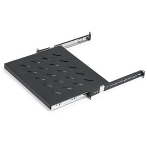 Black metal sliding rack shelf with holes.