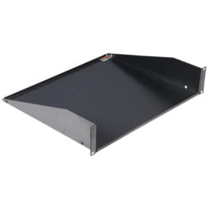 Metal rack mount shelf on white background.