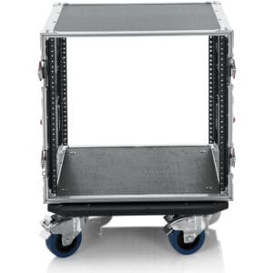 Rolling equipment rack with blue wheels.