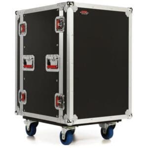 Black wheeled storage case with metal edges.