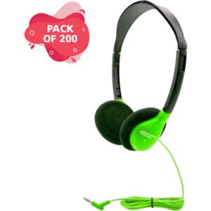 Green wired headphones, pack of 200.