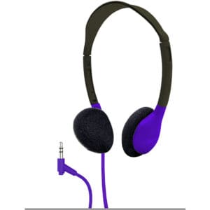 Purple headphones with black foam ear pads.
