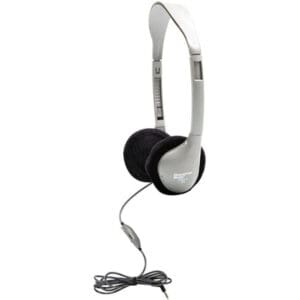 Silver wired headphones with black ear pads.