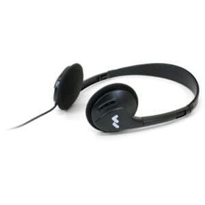 Black wired over-ear headphones on display.