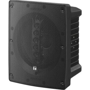 Black speaker with a protective mesh grille.