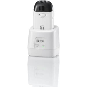 Wireless microphone with charging base station.