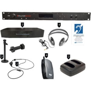 Audio equipment set with headphones and accessories.