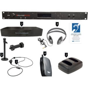 Audio equipment set with headphones and accessories.