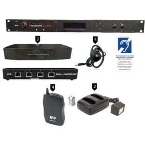 Audio equipment set with various components displayed.