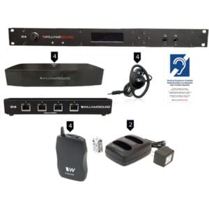 Audio equipment set with charger and earpiece.