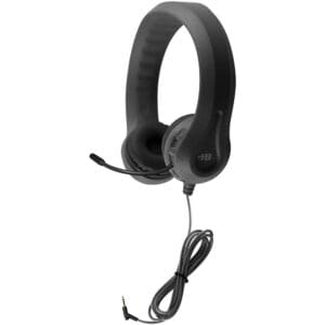 Black over-ear headphones with attached microphone.