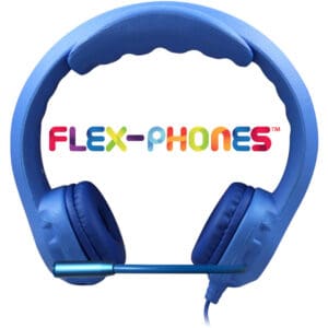 Blue headphones with Flex-Phones logo above.
