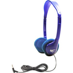 Blue wired headphones with adjustable headband.
