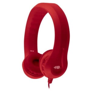 Red over-ear headphones with cable attached.