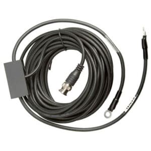Coiled black cable with connectors and box.