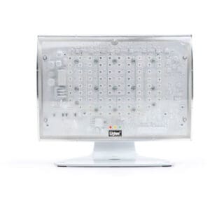 Transparent computer monitor with visible circuitry.