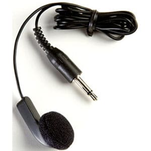 Black earphone with 3.5mm audio jack.