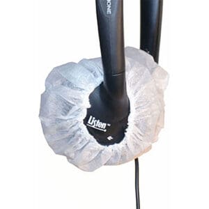 Headphones with disposable sanitary covers on.