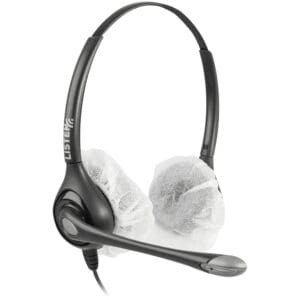 Headset with white disposable ear covers.
