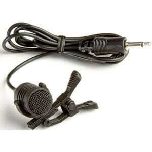 Lapel microphone with coiled audio cable.