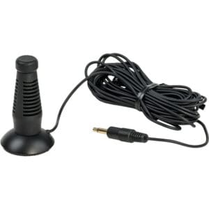 Black desktop microphone with long cord.