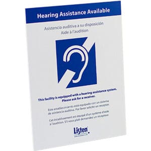 Hearing assistance available sign with ear symbol.