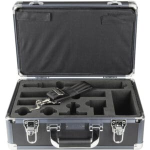 Black foam-lined open case with compartments.
