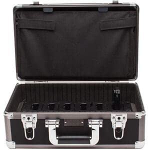 Open black and silver briefcase, empty interior.