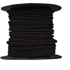Black cable spool, neatly coiled and stacked.