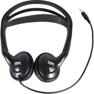 Black over-ear headphones with audio cable.