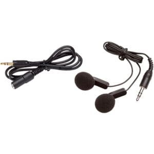 Black earbud headphones and audio cable.