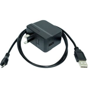 Black USB wall charger with attached cable.